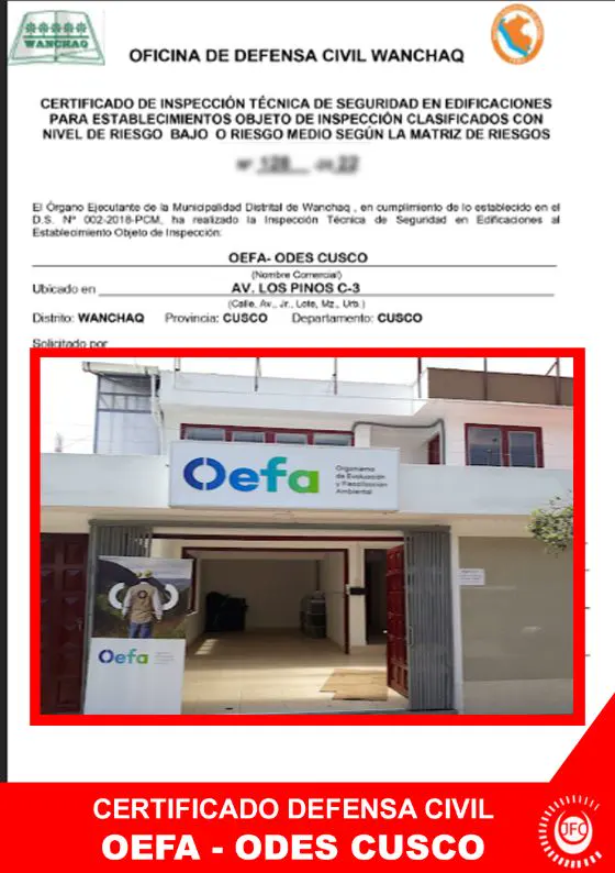 Certificado de Inspección Técnica de Seguridad en Edificaciones (Defensa Civil) de OEFA – ODES Cusco, Av. Los Pinos C-3, Wanchaq