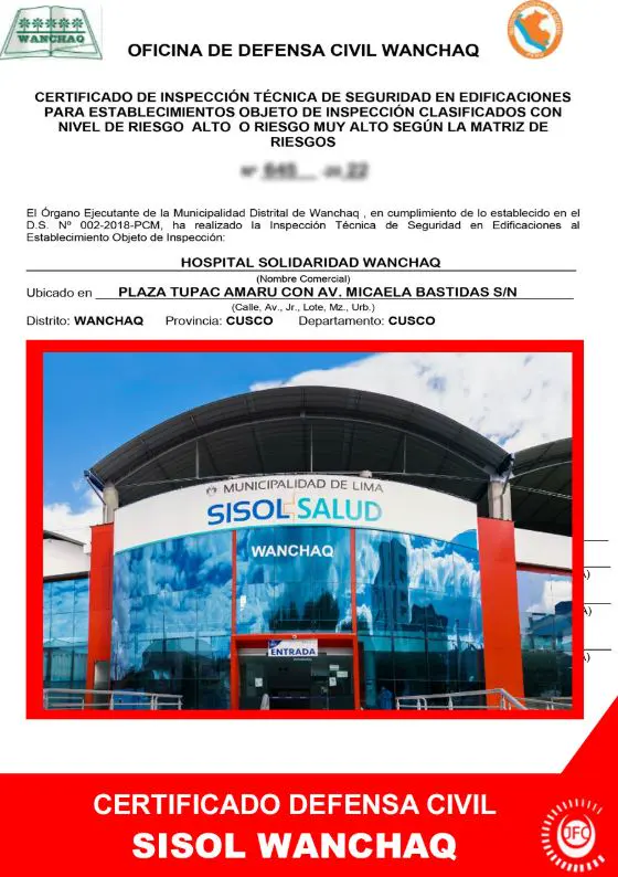 Certificado de Inspección Técnica de Seguridad en Edificaciones (Defensa Civil) de SISOL Wanchaq, Plaza Túpac Amaru con Av. Micaela Bastidas, Wanchaq