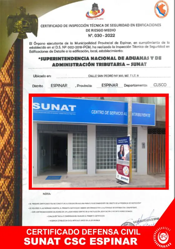 Certificado de Inspección Técnica de Seguridad en Edificaciones (Defensa Civil) de SUNAT CSC Espinar, Calle San Pedro 303, Espinar