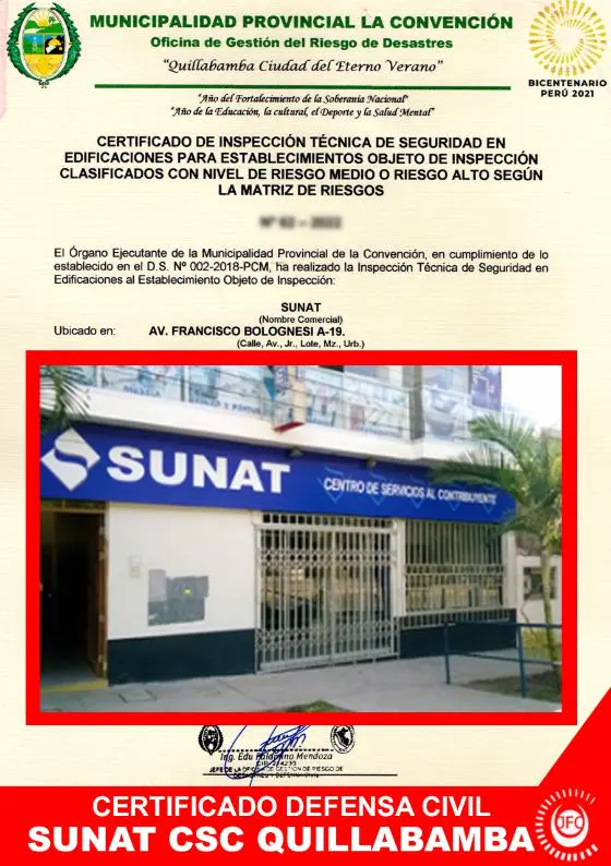 Certificado de Inspección Técnica de Seguridad en Edificaciones (Defensa Civil) de SUNAT CSC Quillabamba, Av. Francisco Bolognesi A-19, La Convención
