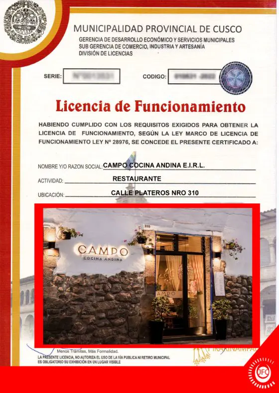 Licencia de Funcionamiento de Campo Cocina Andina, Calle Plateros 310, Cusco