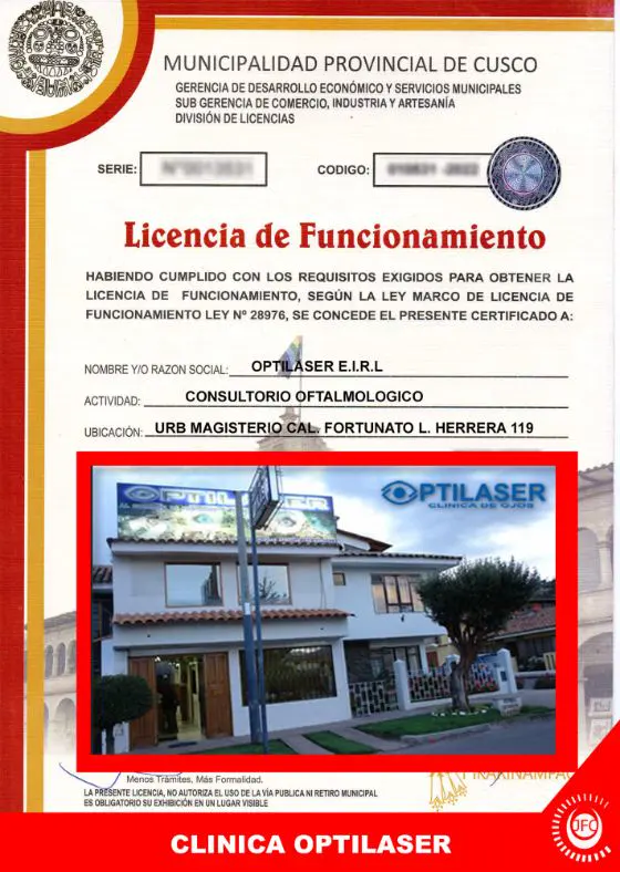 Licencia de Funcionamiento de Clínica Optilaser, Urb. Magisterio, Calle Fortunato L. Herrera 119, Cusco