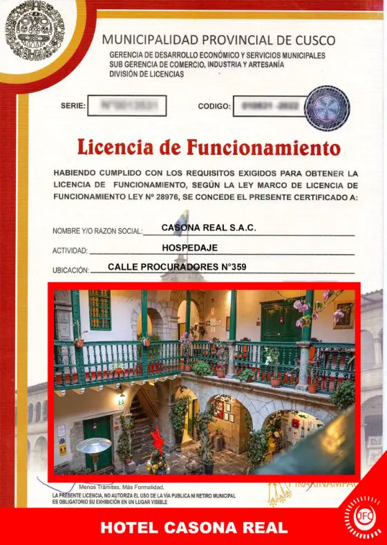 Licencia de Funcionamiento de Hotel Casona Real, Calle Procuradores 359, Cusco