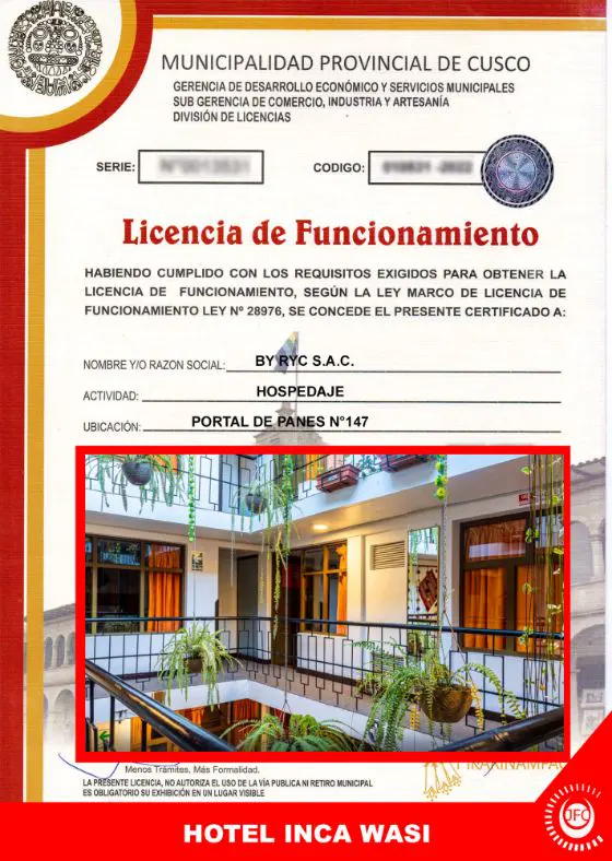 Licencia de Funcionamiento de Hotel Inca Wasi, Portal de Panes 147, Cusco