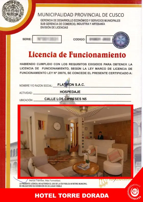 Licencia de Funcionamiento de Hotel Torre Dorada, Calle Los Cipreses N5, Cusco