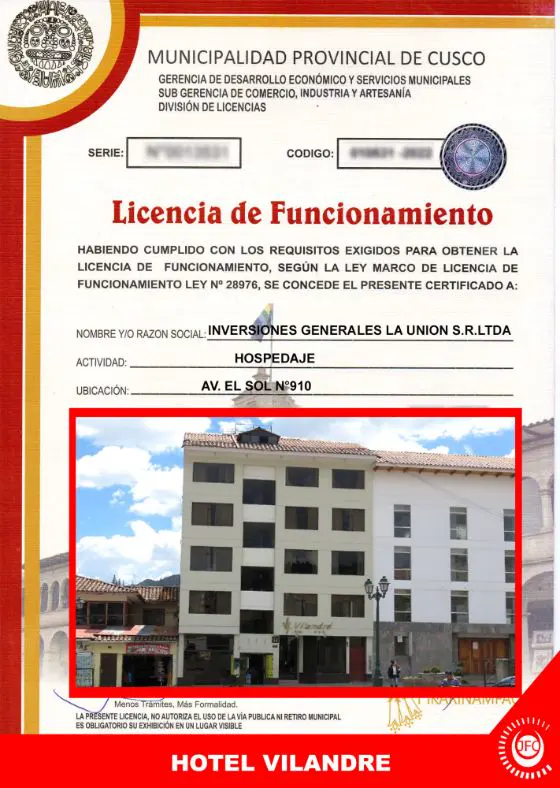 Licencia de Funcionamiento de Hotel Vilandre, Av. El Sol 910, Cusco