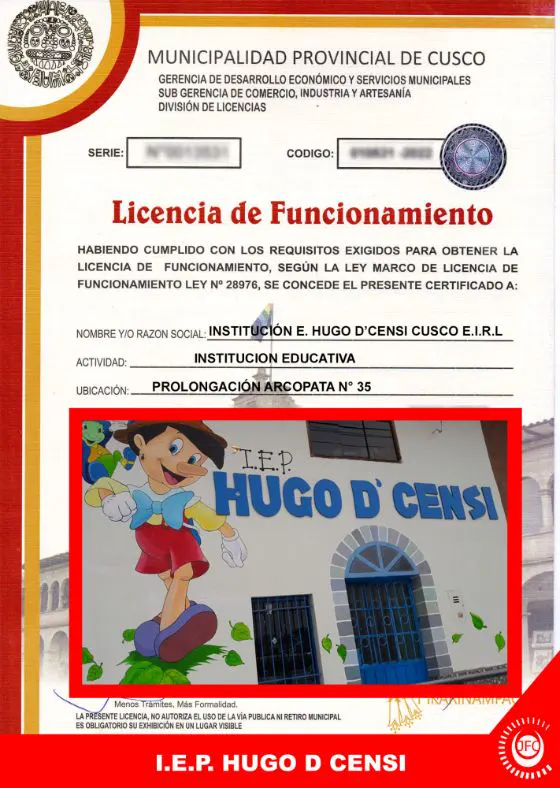 Licencia de Funcionamiento de I.E.P. Hugo D’Censi, Prolongación Arcopata 35, Cusco