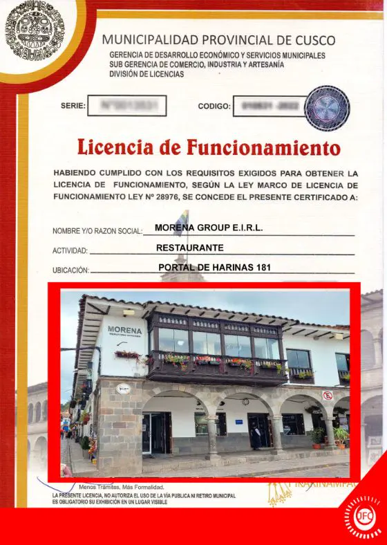 Licencia de Funcionamiento de Morena Peruvian Kitchen, Portal de Harinas 181, Cusco