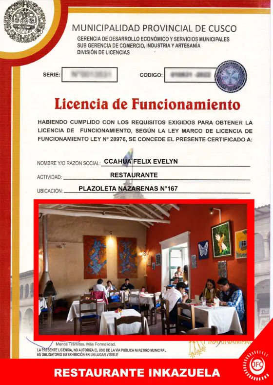 Licencia de Funcionamiento de Restaurante Inkazuela, Plazoleta Nazarenas 167, Cusco