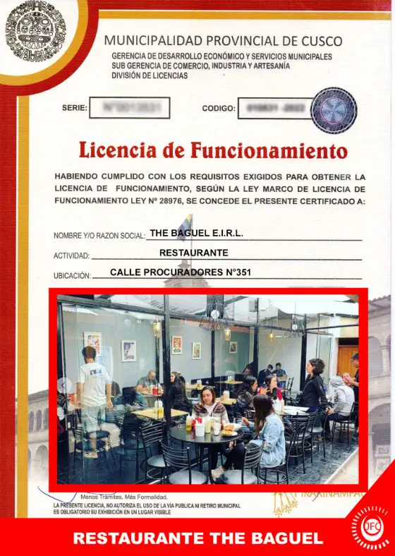 Licencia de Funcionamiento de Restaurante The Baguel, Calle Procuradores 351, Cusco