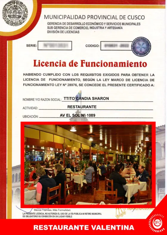Licencia de Funcionamiento de Restaurante Valentina, Av. El Sol 1089, Cusco